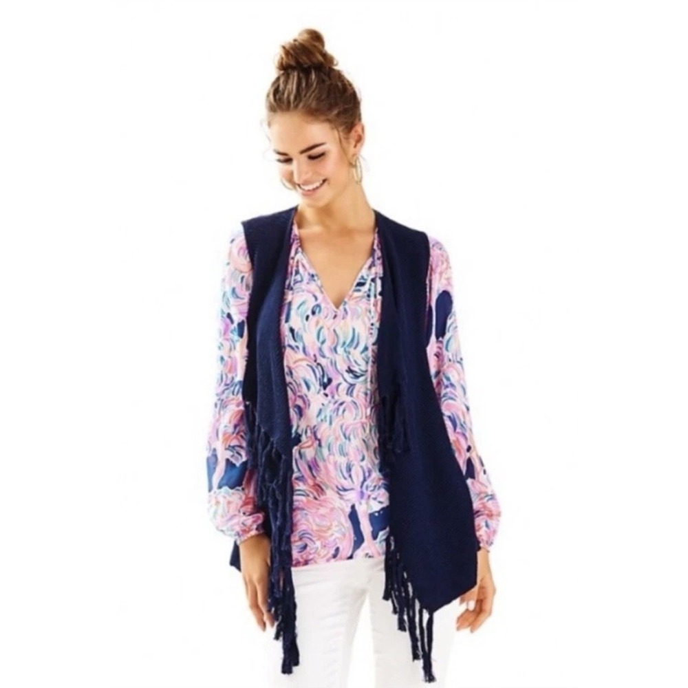 Lilly Pulitzer Andella Sweater Vest Size Medium Fringe‎ Open Front Blue